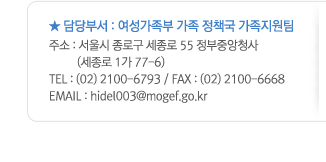 �� ���μ� : ���������� ���� ��å�� ����������. �ּ� : ����� ���α� ������ 55 �����߾�û��(������ 1�� 77-6). TEL : (02)2100-6793 / FAX :(02)2100-6668. EMAIL:hidel003@mogef.go.kr